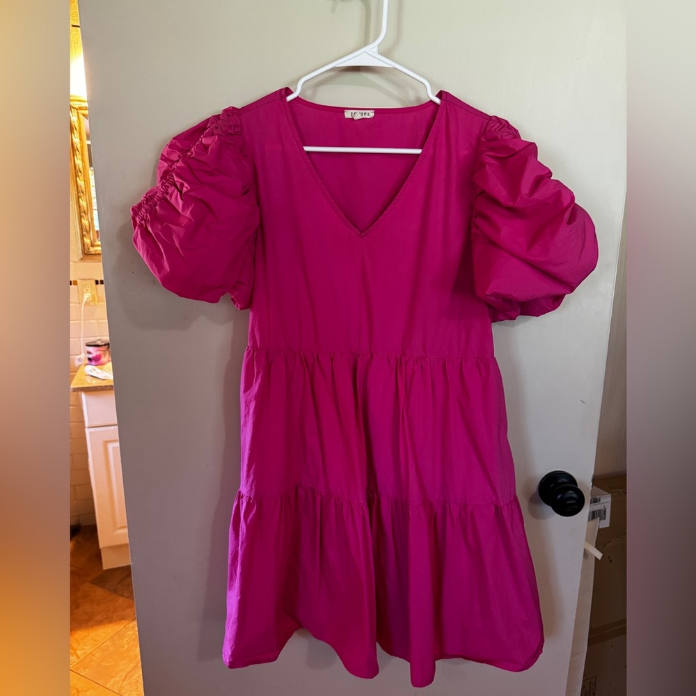 JODIFL Pink Ruffled Tiered Puff Sleeve Sundress